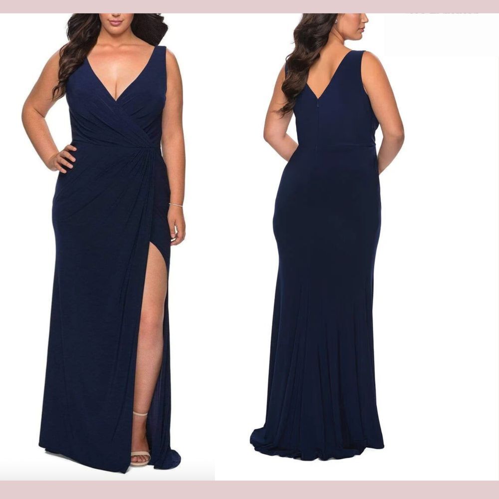 NEW $350 La Femme Curve [ 16 ] Sleeveless Plunging V-Neck Slit Navy‎ Gown #Q942